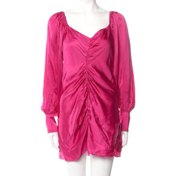 Rococo Sand Poppy Magenta Pink Satin Ruched Long Sleeve Mini Dress Size M NWT - Picture 4 of 11